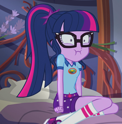 Size: 710x719 | Tagged: safe, screencap, sci-twi, twilight sparkle, equestria girls, legend of everfree, legend of everfree - bloopers, :i, clothes, cropped, faic, female, glasses, puffy cheeks, shoes, shorts, socks, solo