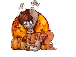 Size: 1024x768 | Tagged: safe, artist:h-analea, oc, oc only, clothes, leaves, mug, pumpkin, solo, starry eyes, sweater, wingding eyes