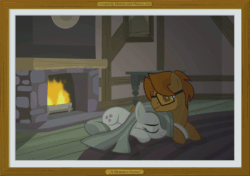 Size: 1080x760 | Tagged: safe, artist:misteraibo, marble pie, oc, oc:bn king, animated, blushing, canon x oc, cute, fire, fireplace, gif, glasses, male, memory lane pictures, picture frame, prone, shipping, snuggling, straight, table