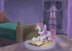Size: 4960x3508 | Tagged: safe, artist:sgrayda, sweetie belle, pony, unicorn, absurd resolution, bed, bedroom, book, night, prone, reading, solo, sweetie belle's magic brings a great big smile