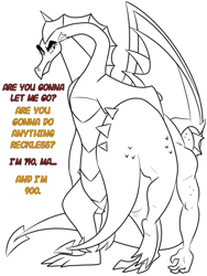 Size: 750x1000 | Tagged: safe, artist:queencold, garble, oc, oc:caldera, dragon, black and white, dragon oc, dragoness, duo, female, grayscale, holding, lifting, lineart, monochrome, mother and child, mother and son, older, older garble, parent and child, text