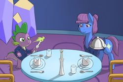 Size: 1200x800 | Tagged: safe, artist:sewlde, derpibooru import, spike, oc, oc:friendship rainbow, dragon, candle, chair, clothes, commission, duo, fire, fork, glass, napkin, plate, smiling, spoon, table, tray, twilight's castle