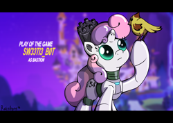 Size: 3508x2480 | Tagged: safe, artist:rainihorn, sweetie belle, sweetie bot, bird, pony, robot, robot pony, unicorn, friendship is witchcraft, bastion, canterlot, castle, crossover, female, ganymede (overwatch), gun, hooves, horn, mare, minigun, neigh soul sister, overwatch, play of the game, solo, text, video game, weapon