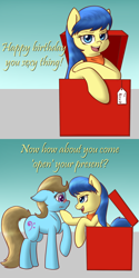 Size: 800x1600 | Tagged: safe, artist:scramjet747, derpibooru import, beauty brass, fiddlesticks, pony, apple family member, blushing, box, comic, female, fiddlebrass, lesbian, pony in a box, present, shipping