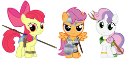 Size: 2146x1008 | Tagged: safe, artist:zacatron94, derpibooru import, edit, apple bloom, scootaloo, sweetie belle, adorabloom, archer, armor, arrow, bow (weapon), bow and arrow, cute, cutealoo, cutie mark crusaders, diasweetes, fantasy class, feminism, knight, mage, warrior, weapon, wizard