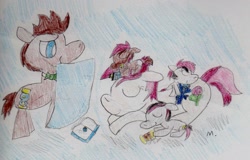 Size: 1947x1243 | Tagged: safe, artist:ptitemouette, doctor whooves, roseluck, oc, oc:banana hearts, oc:eternity bloom, oc:time luck, pony, babies, book, doctorrose, male, shipping, sleeping, stallion, straight, traditional art