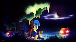 Size: 3612x2014 | Tagged: safe, artist:freeedon, derpibooru import, oc, oc only, hat, jack-o-lantern, lantern, moon, night, pumpkin, tree, witch hat