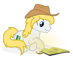 Size: 6667x5333 | Tagged: safe, artist:besttubahorse, oc, oc only, oc:hickory switch, earth pony, pony, absurd resolution, blonde mane, blue eyes, book, candle, clothes, cowboy hat, cutie mark, hat, lying down, male, reading, show accurate, simple background, solo, stetson, transparent background, vector, white pony