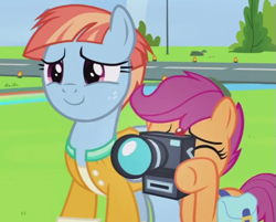 Size: 591x475 | Tagged: safe, screencap, scootaloo, windy whistles, pony, parental glideance, camera, saddle bag