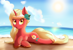 Size: 1024x702 | Tagged: safe, artist:suziouwabami, oc, oc only, pony, unicorn, beach, blonde, crossed hooves, female, flower, golden eyes, lying, mare, prone, red, sun