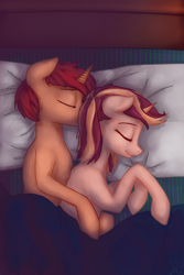 Size: 1600x2400 | Tagged: safe, artist:penny-wren, oc, oc only, oc:penny wren, oc:windston blast, pony, bed, sleepy, snuggling