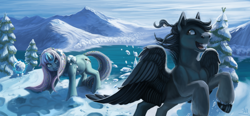 Size: 4036x1871 | Tagged: safe, artist:spirit-alu, oc, oc only, pegasus, pony, unicorn, commission, cute, scenery, smiling, solo, winter