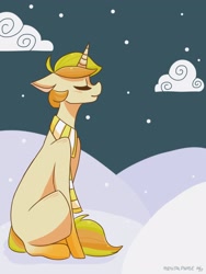 Size: 1536x2048 | Tagged: safe, artist:mentalphase, oc, oc only, pony, unicorn, clothes, eyes closed, scarf, sitting, snow, solo