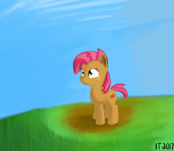 Size: 1280x1114 | Tagged: safe, artist:itsthinking, babs seed, earth pony, pony, female, filly, foal, sky, smiling, solo, standing