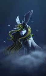 Size: 1551x2563 | Tagged: safe, artist:spirit-alu, oc, oc only, pony, unicorn, cloud, cute, feather, gift art, head wings, lidded eyes, looking at you, present, simple background, sitting, smiling, solo, wat