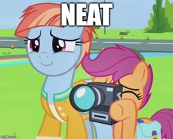 Size: 591x475 | Tagged: safe, screencap, scootaloo, windy whistles, pony, parental glideance, bender bending rodriguez, camera, futurama, meme, neat, runway, text