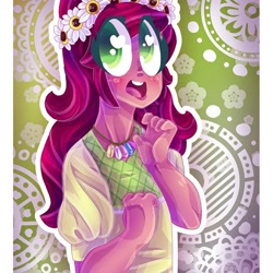 Size: 480x480 | Tagged: safe, artist:animorphsfan, gloriosa daisy, equestria girls, abstract background, colored pupils, cropped, floral head wreath, flower, heart eyes, magical geodes, solo, wingding eyes