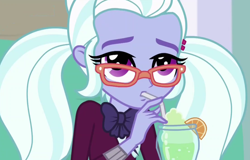 Size: 1378x880 | Tagged: safe, screencap, sugarcoat, dance magic, equestria girls, spoiler:eqg specials, clothes, crystal prep academy uniform, cute, drink, female, glasses, school uniform, solo, sugarcute