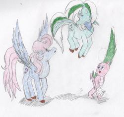 Size: 718x678 | Tagged: safe, artist:tuxedo-guy2, ice crystal, spike, wind whistler, dragon, g1, solo, traditional art