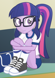 Size: 680x960 | Tagged: safe, artist:dm29, sci-twi, twilight sparkle, equestria girls, bag, clothes, converse, cute, female, glasses, gym uniform, julian yeo is trying to murder us, ponytail, shoes, sitting, sneakers, solo, sports panties, twiabetes