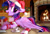 Size: 1280x859 | Tagged: safe, artist:rocy canvas, derpibooru import, twilight sparkle, twilight sparkle (alicorn), alicorn, pony, book, clothes, fireplace, floppy ears, hat, present, prone, ribbon, santa costume, santa hat, solo, teacup