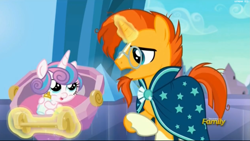 Size: 2519x1423 | Tagged: safe, derpibooru import, screencap, princess flurry heart, sunburst, pony, the times they are a changeling, baby bottle, baby carrier, cradle