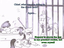 Size: 2779x2098 | Tagged: safe, artist:poseidonathenea, derpibooru import, berry punch, berryshine, oc, oc:matilda, drunk, jail, monochrome, pencil drawing, police officer, police pony, traditional art