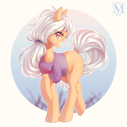 Size: 1000x1000 | Tagged: safe, artist:margony, oc, oc only, earth pony, pony, clothes, colored pupils, female, gift art, mare, raised hoof, shirt, simple background, solo