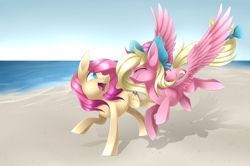 Size: 4200x2797 | Tagged: safe, artist:scarlet-spectrum, derpibooru import, oc, oc only, oc:bay breeze, oc:bloom flower, earth pony, pegasus, pony, beach, commission, duo, hair bow