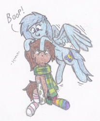 Size: 540x652 | Tagged: safe, artist:binary6, derpibooru import, oc, oc only, oc:binary6, oc:static, clothes, rainbow socks, scarf, socks, striped socks, traditional art