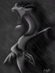 Size: 3000x4000 | Tagged: safe, artist:dragonhistorian, derpibooru import, discord, crying, grayscale, monochrome, rain, sad, solo, statue