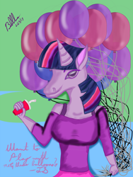 Size: 1050x1400 | Tagged: safe, artist:loonerbubbles, twilight sparkle, anthro, balloon, balloon fetish, bra, clothes, skirt, solo, underwear, wat