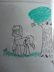 Size: 2448x3264 | Tagged: safe, artist:unreliable narrator, oc, oc only, oc:rose picatinny thorn, butterfly, pony, clothes, flower, freckles, grass, scarf, simple background, solo, traditional art, tree, whiteboard