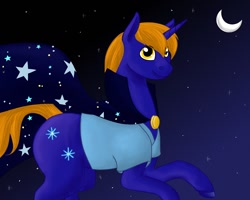 Size: 1280x1024 | Tagged: artist needed, safe, oc, oc only, oc:star bright, pony, unicorn, cape, clothes, cosmic wizard, male, moon, solo, stallion, stars, wizard