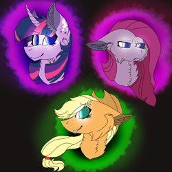 Size: 2560x2560 | Tagged: safe, artist:brokensilence, derpibooru import, applejack, pinkie pie, twilight sparkle, earth pony, pony, alternate design, bust, cowboy hat, floppy ears, happy, hat, pinkamena diane pie, sad, simple background, stetson