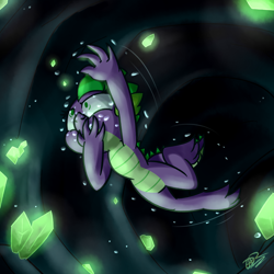 Size: 2000x2000 | Tagged: safe, artist:uwdr-64, barb, spike, dragon, asphyxiation, bubble, cave, crystal, drowning, female, fetish, holding breath, rule 63, solo, underwater