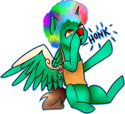 Size: 1165x1059 | Tagged: safe, artist:i-take-free-requests, oc, oc only, oc:frost d. tart, alicorn, pony, alicorn oc, clown, clown nose, clown wig, honk, onomatopoeia, rainbow wig, silly, simple background, solo, transparent background
