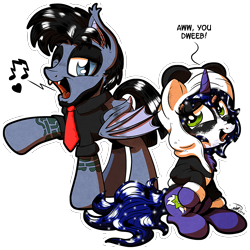 Size: 1792x1791 | Tagged: safe, artist:gray--day, artist:kinjareta, oc, oc only, oc:asterisk, oc:gray day, bat pony, panda, pony, unicorn, billie joe armstrong, clothes, costume, green day, hoodie, music notes, singing