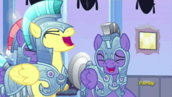 Size: 500x281 | Tagged: safe, derpibooru import, screencap, pony, the times they are a changeling, animated, armor, crying, crystal guard, crystal guard armor, discovery family logo, guard, laughing