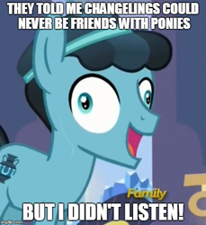 Size: 500x546 | Tagged: safe, derpibooru import, edit, edited screencap, screencap, thorax, changeling, the times they are a changeling, caption, crystal hoof, crystal hoof didn't listen, disguise, disguised changeling, exploitable meme, i didn't listen, image macro, meme