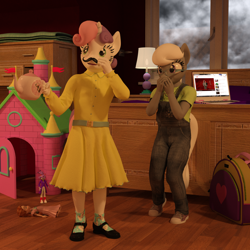 Size: 2000x2000 | Tagged: safe, artist:tahublade7, derpibooru import, silver spoon, sweetie belle, anthro, plantigrade anthro, 3d, blaze the cat, clothes, clothes swap, crossover, daz studio, dress, giggling, moustache, overalls, socks, sonic the hedgehog (series)