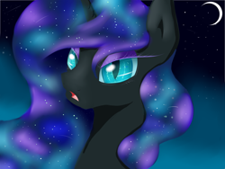 Size: 4000x3000 | Tagged: safe, artist:ruanshi, derpibooru import, nightmare moon, bust, colored pupils, eyelashes, eyeshadow, lidded eyes, looking at you, makeup, moon, night, open mouth, portrait, solo, stars