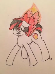 Size: 384x512 | Tagged: safe, artist:kryptorthekreator, derpibooru import, oc, oc only, oc:izaki izunari, pegasus, pony, angry, fire, hothead, solo, traditional art