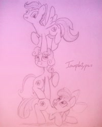 Size: 1024x1280 | Tagged: safe, artist:imaplatypus, apple bloom, scootaloo, sweetie belle, cutie mark, cutie mark crusaders, looking at each other, the cmc's cutie marks, tower of pony, traditional art, trio