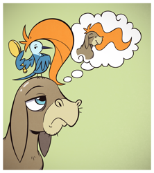 Size: 1200x1350 | Tagged: safe, artist:php104, derpibooru import, cranky doodle donkey, bird, donkey, bald, donald chirp, looking up, simple background, thinking, thought bubble, wig