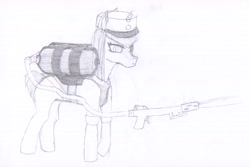 Size: 13033x8717 | Tagged: safe, artist:jeronimom, derpibooru import, oc, oc only, oc:toasty pages, pony, unicorn, absurd resolution, clothes, female, flamethrower, mare, military, monochrome, uniform, weapon