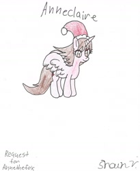 Size: 1634x1990 | Tagged: safe, artist:shawnventura, derpibooru import, oc, oc only, oc:anneclaire, alicorn, pony, alicorn oc, hat, request, santa hat, solo, traditional art