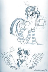 Size: 720x1063 | Tagged: safe, artist:brianblackberry, twilight sparkle, twilight sparkle (alicorn), alicorn, pony, adorkable, clothes, cute, dork, excited, female, glasses, mare, monochrome, open mouth, sketch, socks, solo, spread wings, striped socks, traditional art, wide eyes, wings