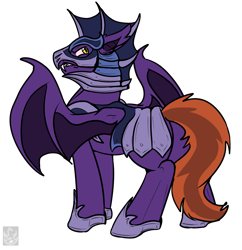 Size: 2000x2067 | Tagged: safe, artist:stormblaze-pegasus, oc, oc only, bat pony, pony, armor, fangs, helmet, looking back, male, rear view, simple background, slit eyes, solo, stallion, transparent background