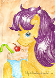 Size: 1397x1991 | Tagged: safe, artist:chiuuchiuu, bon bon (g1), earth pony, pony, g1, my little pony tales, cherry, colored pencil drawing, drinking straw, food, looking at you, milkshake, pencil drawing, smiling, solo, traditional art